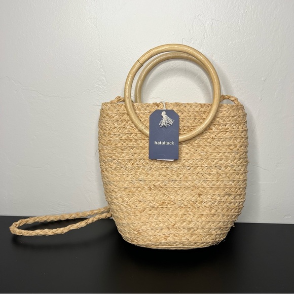 NEW! Hat Attack Cuff Bag Natural Straw Woven Mini Tote Bamboo Circle Handles NWT - Picture 3 of 11